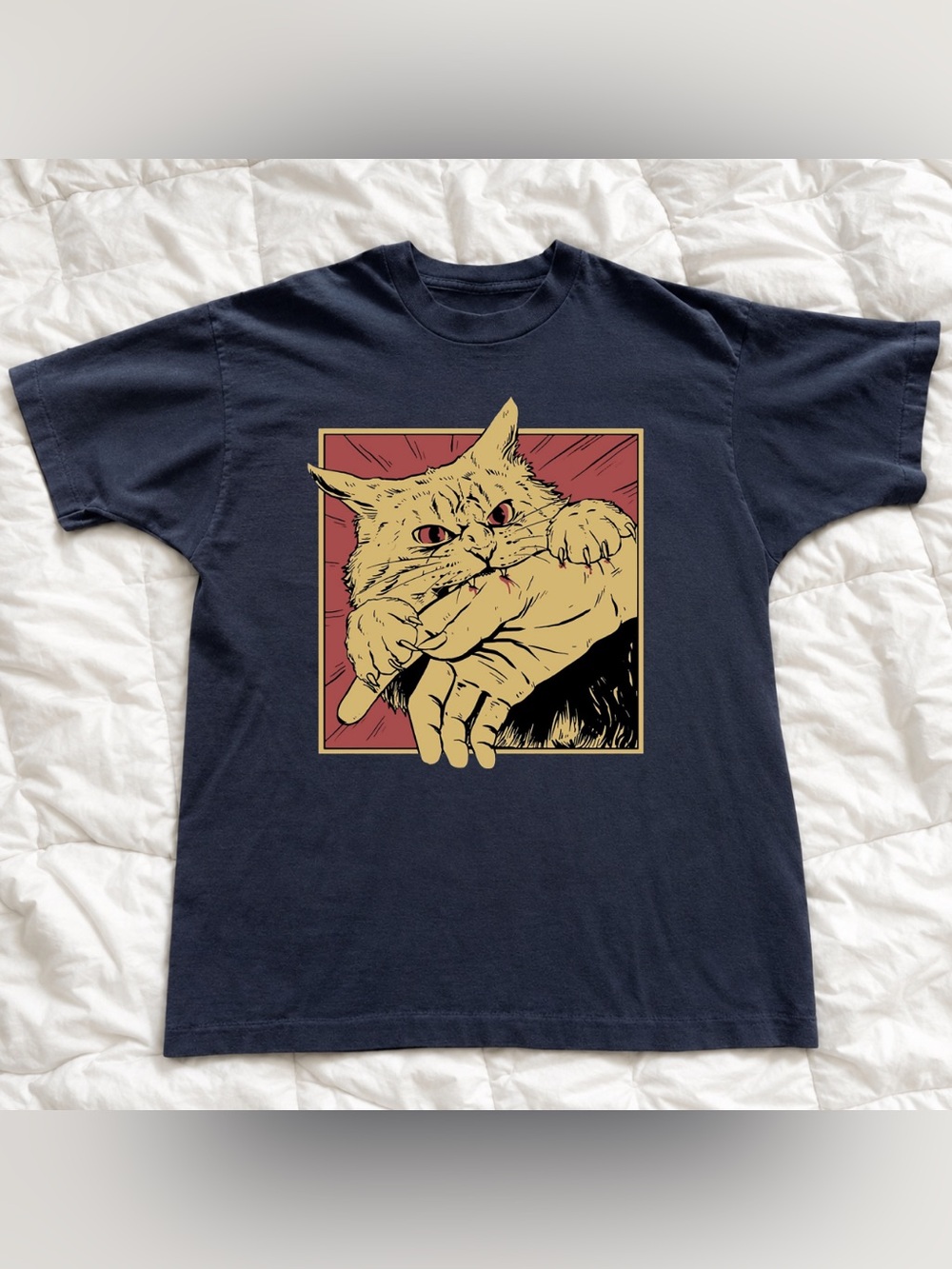 Graphic Black Crazy Cat Bite T-Shirt - Unbranded Retro 90s Style For Unisex